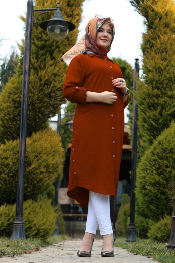 Büyük Beden Yanları Düğme Detaylı Ayrobin Tunik  Kiremit