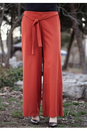 Beli Lastikli Kuşaklı Bol Paça Pantolon  Kiremit