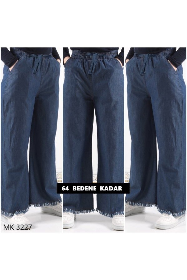 Büyük Beden Cepli Bol Paça Tensel Kot Pantolon  Koyu Mavi