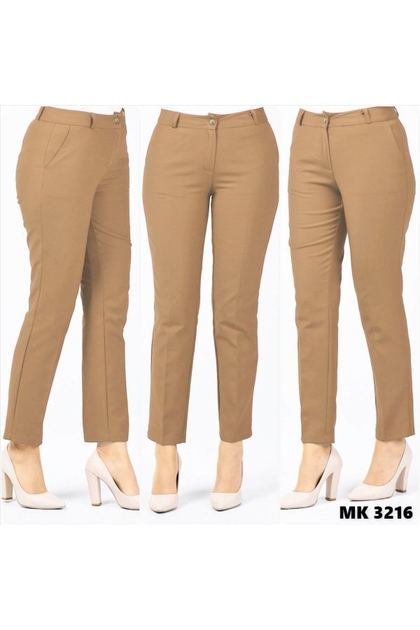 Büyük Beden Beli Kemerli Cepli Klasik Kumaş Pantolon  Bej