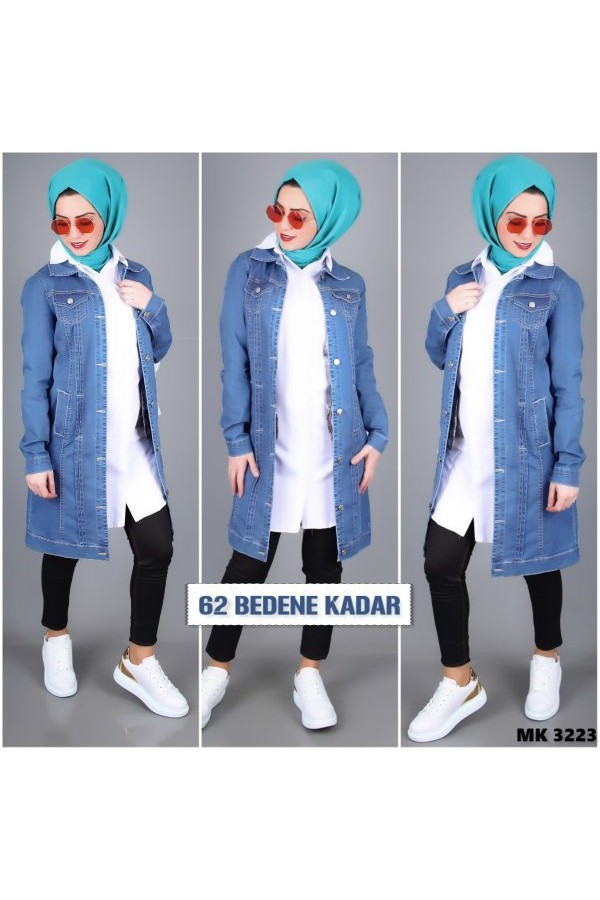 Büyük Beden Punterez Detaylı Kot Ceket  Açık Mavi