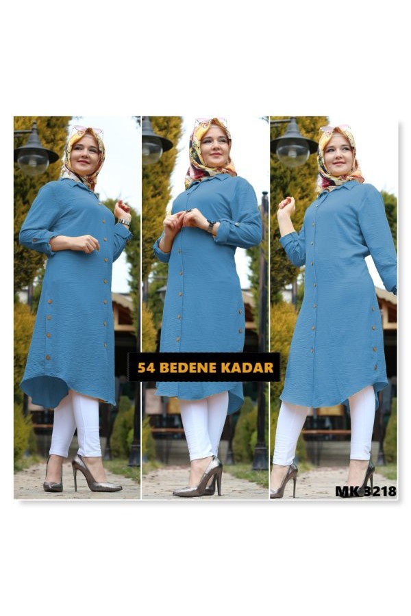 Büyük Beden Yanları Düğme Detaylı Ayrobin Tunik Petrol Mavi Büyük Beden Yanları Düğme Detaylı Ayrobin Tunik Petrol Mavi