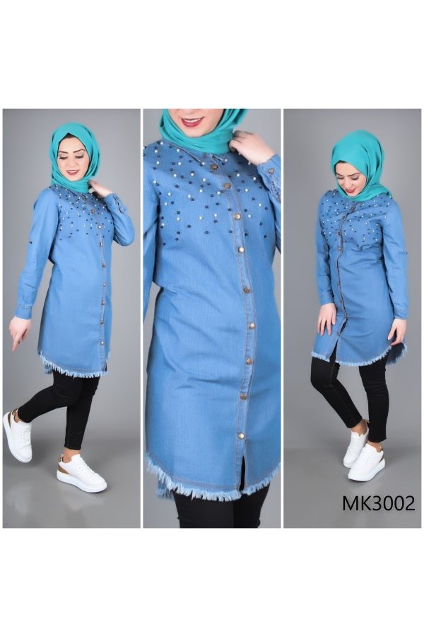 Düğmeli inci Detaylı Uzun Kot Gömlek - 3002