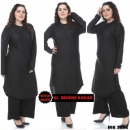 Büyük Beden Desenli Örme Krep Penye Tunik  Siyah