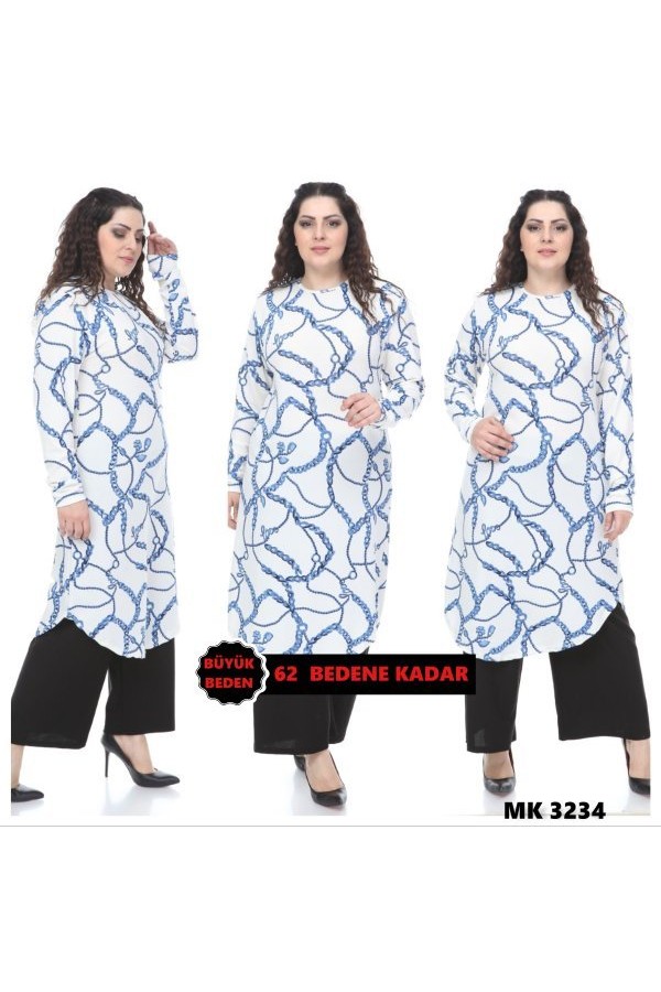 Büyük Beden Desenli Örme Krep Penye Tunik Mavi Zincir