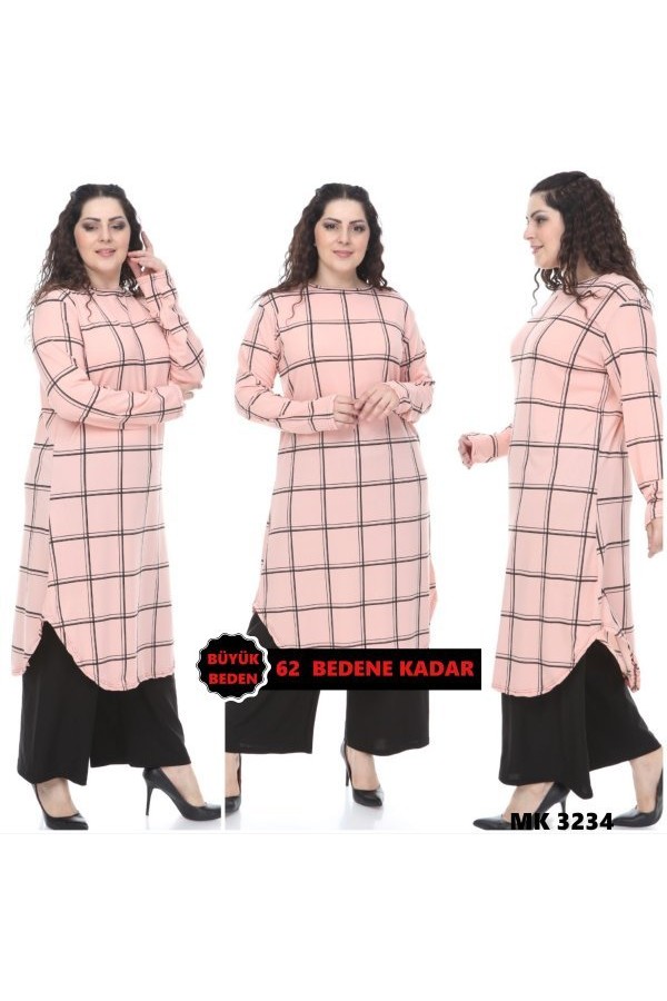 Büyük Beden Desenli Örme Krep Penye Tunik  Pudra