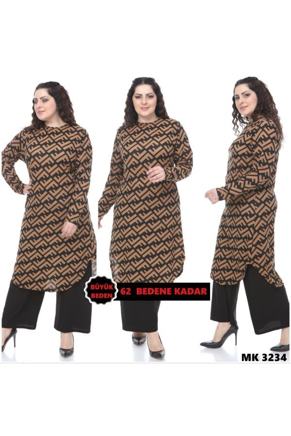 Büyük Beden Desenli Örme Krep Penye Tunik Kahve F Büyük Beden Desenli Örme Krep Penye Tunik Kahve F