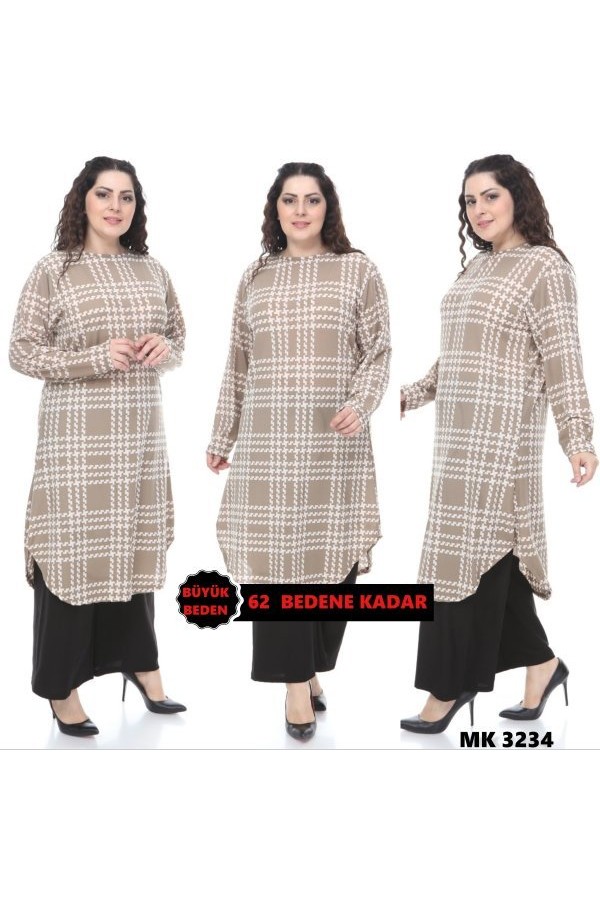 Büyük Beden Desenli Örme Krep Penye Tunik  Vizon