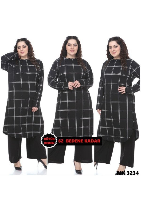 Büyük Beden Desenli Örme Krep Penye Tunik  Siyah