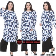 Büyük Beden Desenli Örme Krep Penye Tunik Beyaz Lacivert