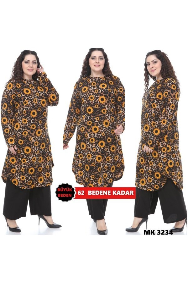 Büyük Beden Desenli Örme Krep Penye Tunik Leopar Papatya
