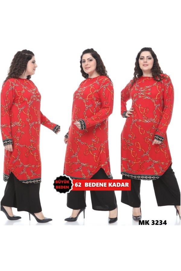 Büyük Beden Desenli Örme Krep Penye Tunik Kırmızı Zincir Büyük Beden Desenli Örme Krep Penye Tunik Kırmızı Zincir