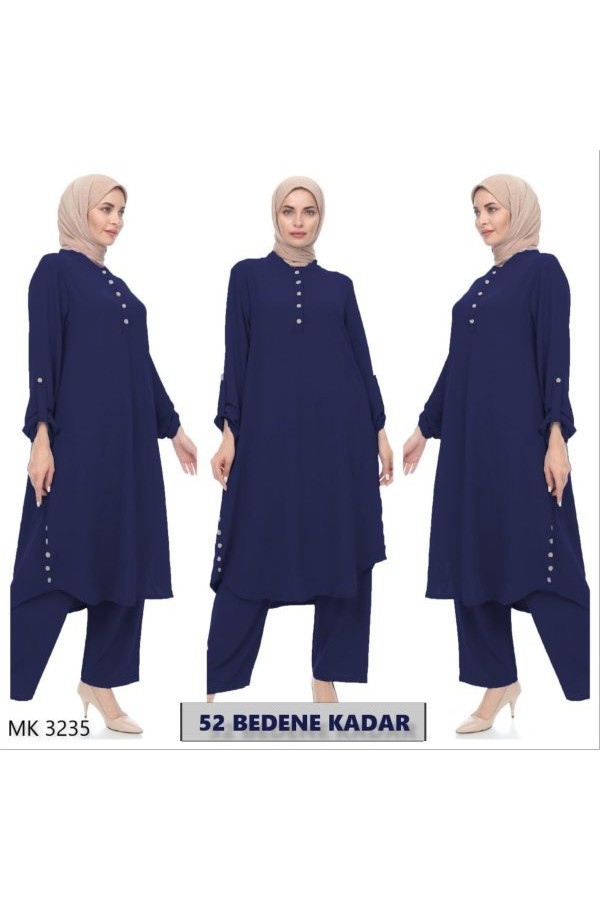 Büyük Beden Önden Düğme Detaylı İkili Ayrobin Takım Lacivert Büyük Beden Önden Düğme Detaylı İkili Ayrobin Takım Lacivert
