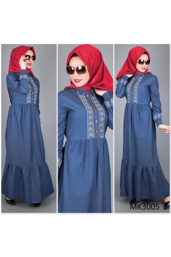 Nakış Detaylı Uzun Tensel Kot Elbise - 3005 Nakış Detaylı Uzun Tensel Kot Elbise - 3005