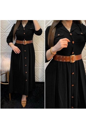 Büyük Beden Kemerli Düğmeli Ayrobin Pileli Elbise  Siyah