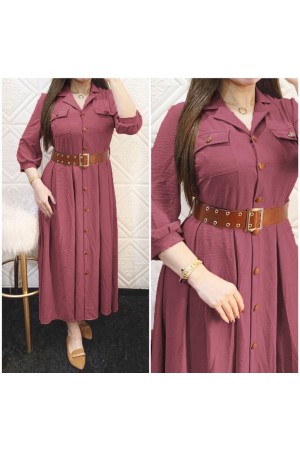 Büyük Beden Kemerli Düğmeli Ayrobin Pileli Elbise  Gül