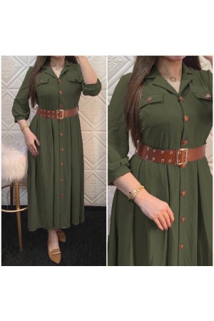 Büyük Beden Kemerli Düğmeli Ayrobin Pileli Elbise  Haki