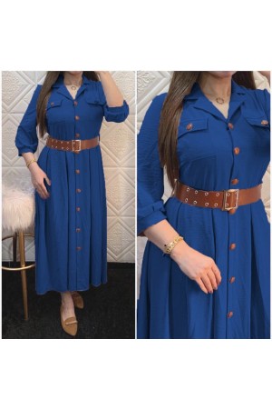 Büyük Beden Kemerli Düğmeli Ayrobin Pileli Elbise  Petrol
