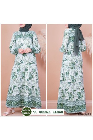 Büyük Beden Hasır Kemer Hediyeli Mevlana Kesim Desenli Elbise  Haki