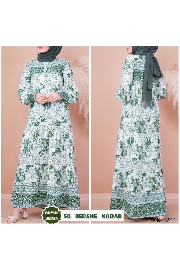 Büyük Beden Hasır Kemer Hediyeli Mevlana Kesim Desenli Elbise Haki Büyük Beden Hasır Kemer Hediyeli Mevlana Kesim Desenli Elbise Haki