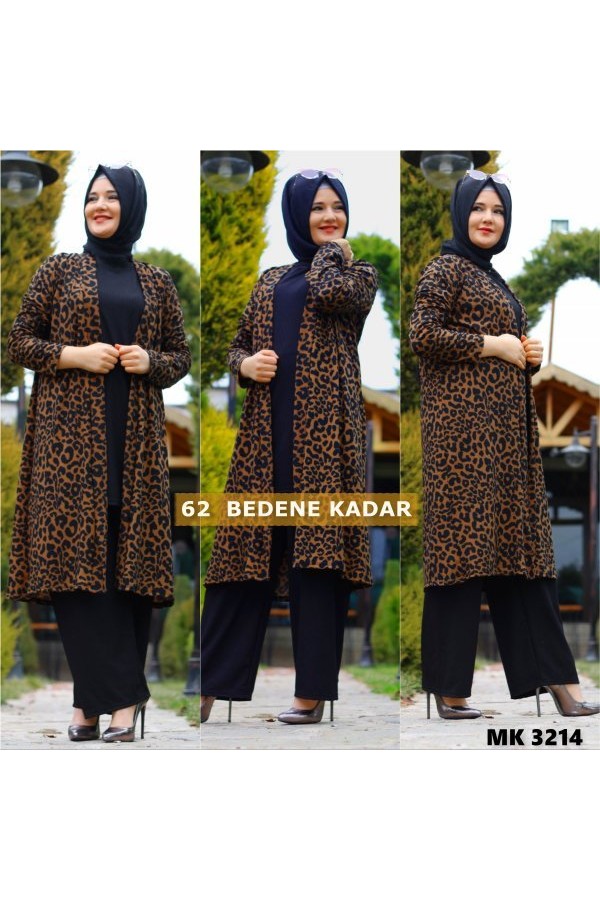 Büyük Beden Desenli Üçlü Takım kimonotunikpantolon Kahve Leopar Büyük Beden Desenli Üçlü Takım kimonotunikpantolon Kahve Leopar