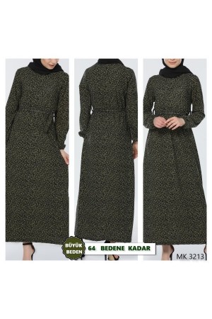 Büyük Beden Baskılı Krep Kumaş Elbise 64 bedene kadar mevcut   Haki Çiçekli